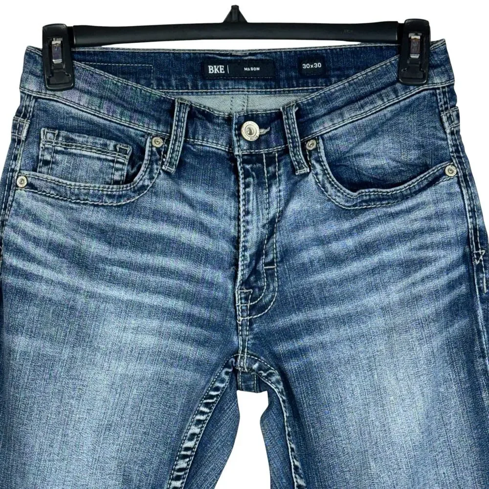 BKE SZ 30x30 Mens Mason Jeans Stretch Zip-Fly Pocket Whiskered Straight Leg Blue